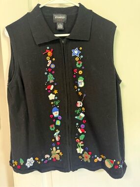 Studio Joy Black Embellished Holiday Zip-Front Sweater Vest